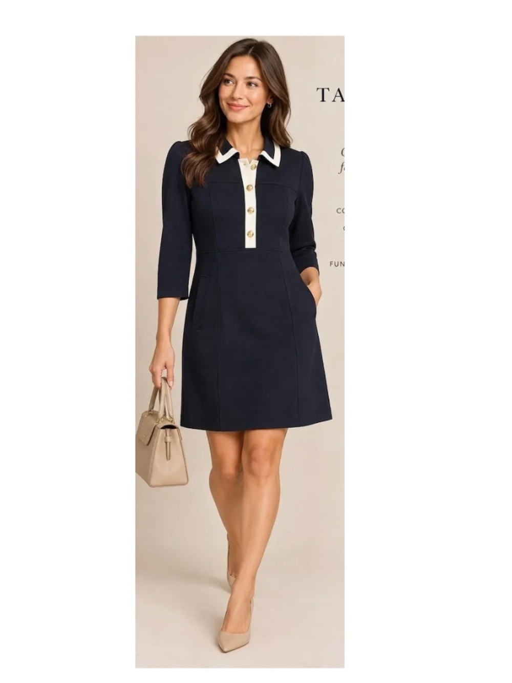 Talbots Navy Ponte Knit with Ivory Contrast-Trim Polo Knee Length/Midi Dress
